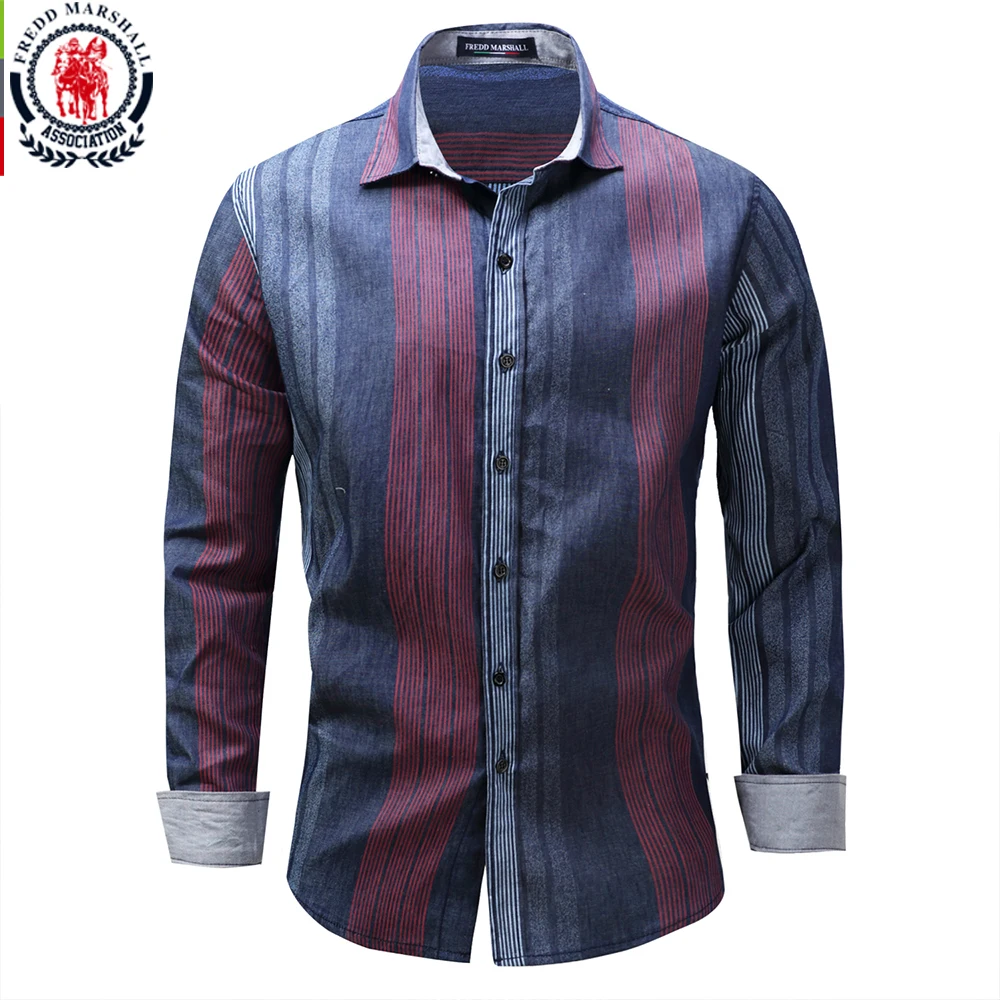 Fredd Marshall 2017 winter fashion mens long sleeve vintage dress shirts casual striped
