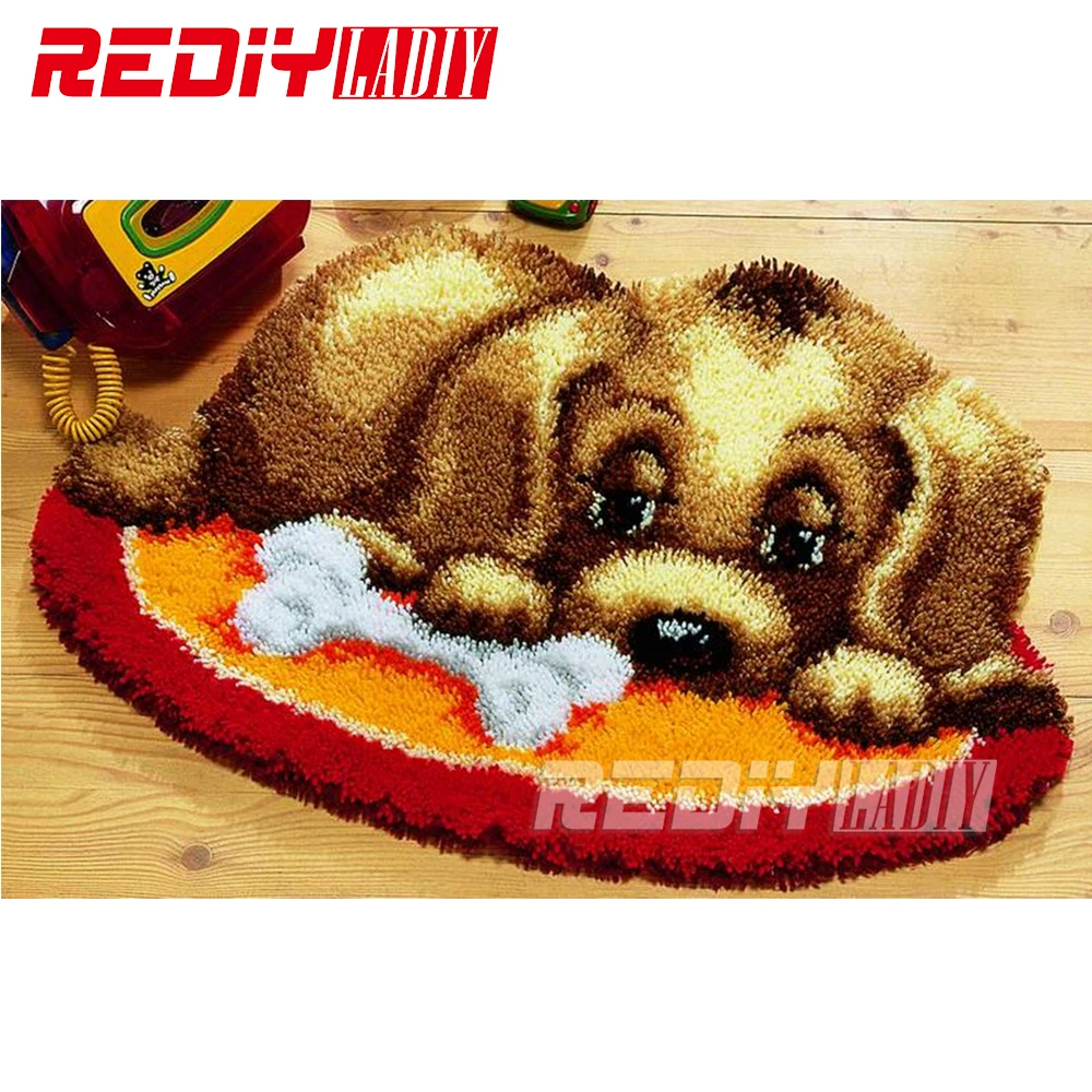 Hot Latch Hook Rug Kits DIY Needlework Unfinished Crocheting Rug Yarn Cushion Mat Thinking Dog