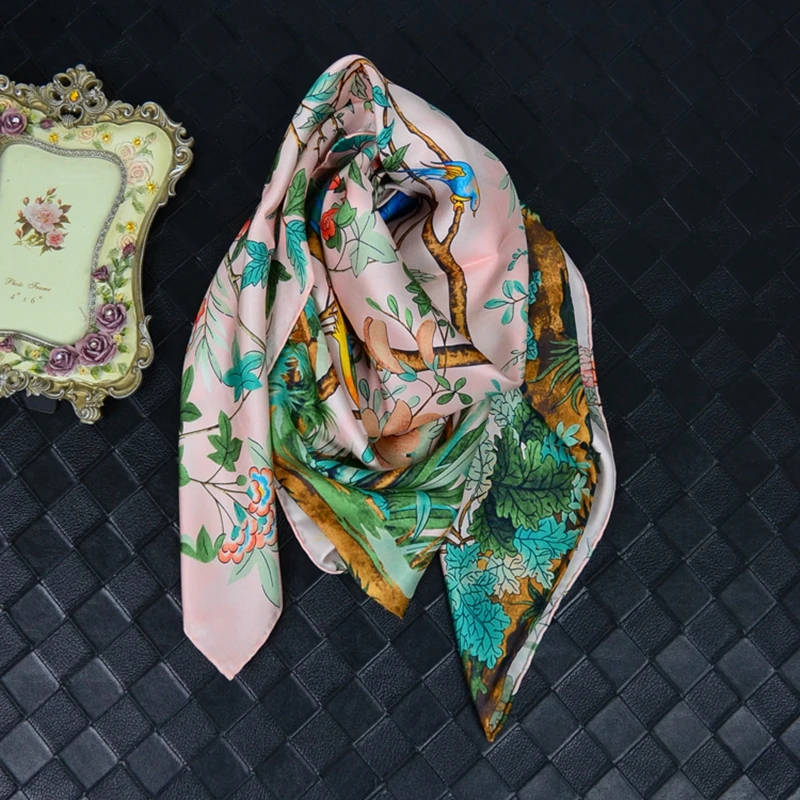 

Spring Floral Print Large Square Silk Scarf Shawl 100% Silk Twill Scarfs Wraps Hijab Foulard Head Scarves 88x88cm