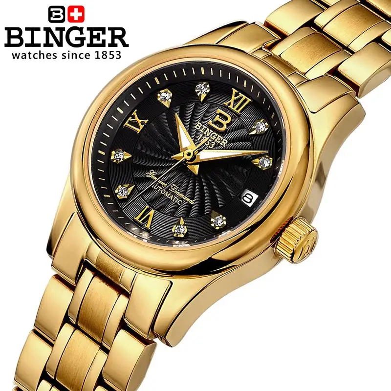 Швейцарские женские часы BINGER luxury18K Золотые механические наручные полностью из