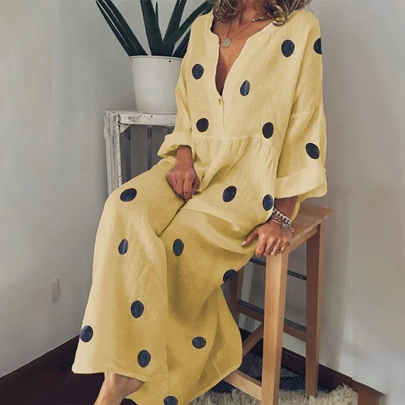 

Laamei Summer Women Polka Dot Casual Loose Long Sleeve Bohemian Maxi Dress Sexy V Neck Beach Dress Vintage Vestidos Plus
