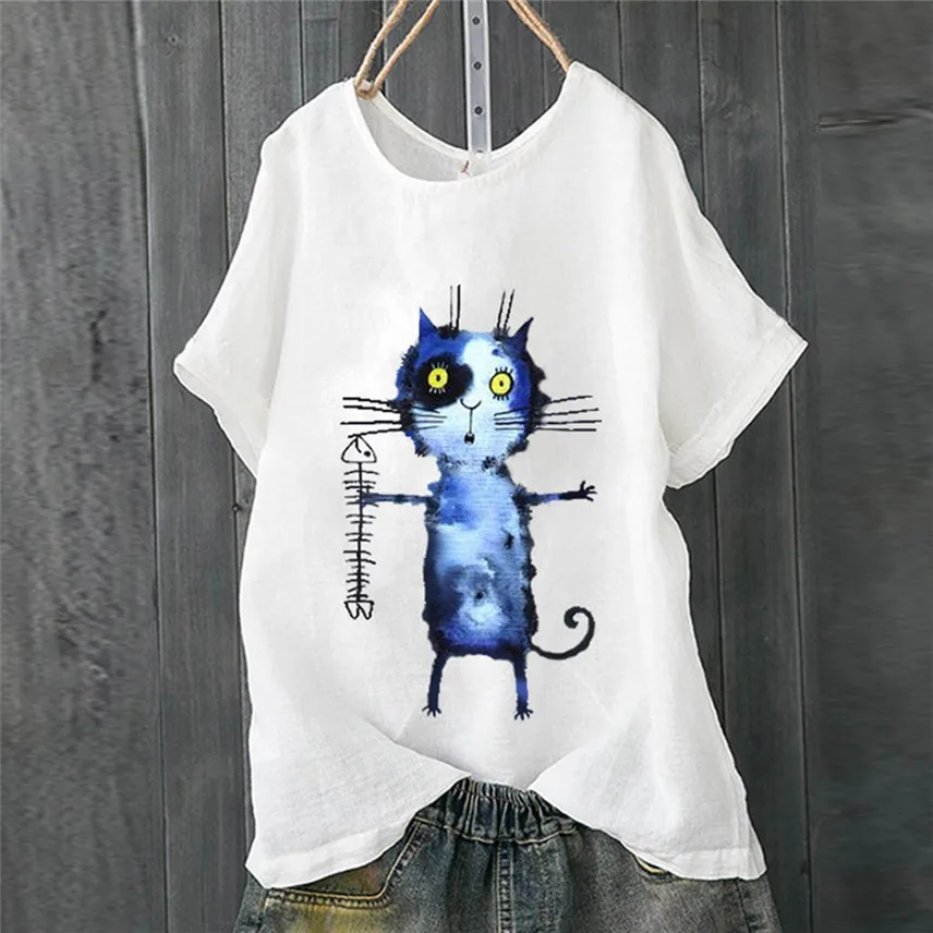 

New Mujer De Moda Women Plus Size Short Sleeve Cotton Linen O-Neck Print Pullover Tops Shirt Y*