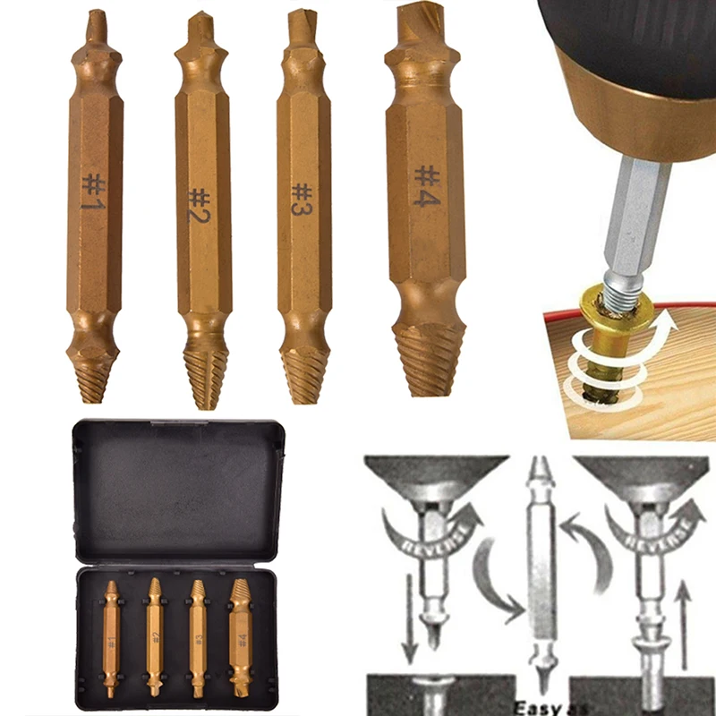 4pcs Remover Extractor Drill Bits Easy Out Stud Reverse Titanium Broken