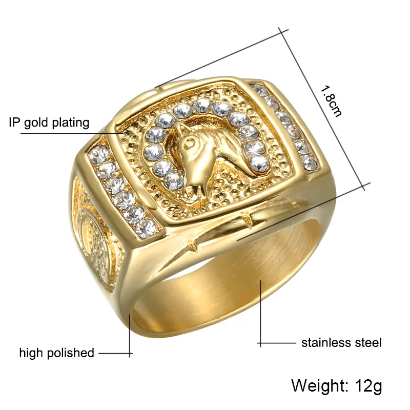 Хип хоп микро проложить горный хрусталь Iced Out Bling Horse Кольцо IP позолоченные