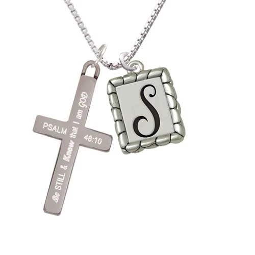 Pebble Border Initial - S - Be Still and Know - Cross Necklace (1)