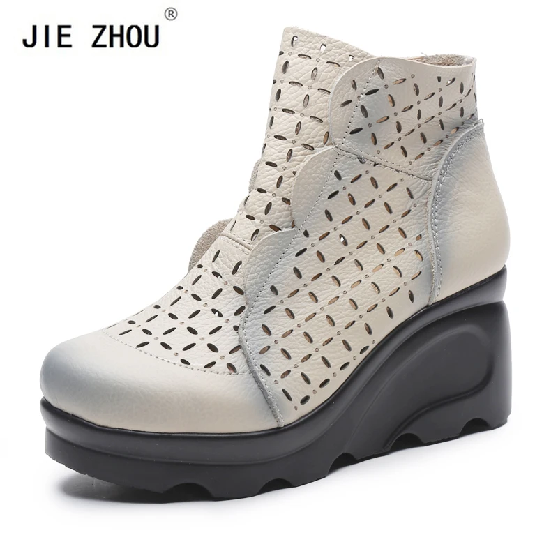

New Women's Summer Boots Retro Genuine Leather Wedges Cutout Ankle Boots Ladies Dress Casual Shoes Hot sale Women Shoes