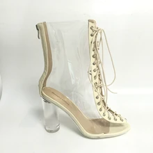 Прозрачные полусапожки из ПВХ; женские весенние Стильные прозрачные туфли на шнуровке с круглым каблуком; Bota Feminina; большие размеры; цвет бежевый; лакированные