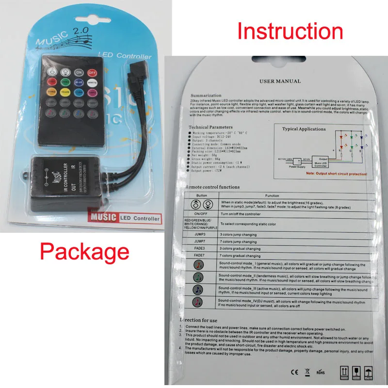 20 Keys IR Music sync remote controller Sound Sensor for LED Strip ...