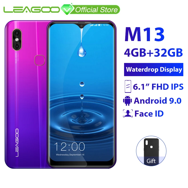 LEAGOO M13 4GB RAM 32GB ROM Mobile Phone Android 9.0 6.1″ Waterdrop Screen MTK6761 Quad Core Fingerprint Face ID 4G Smartphone