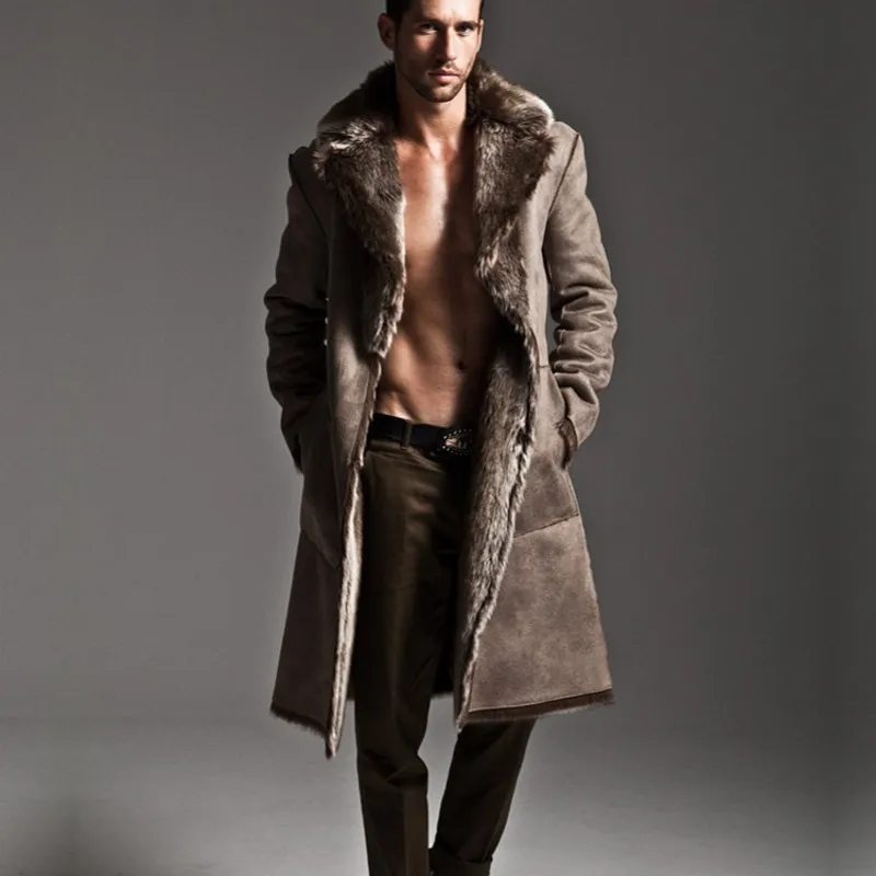 Зимнее мужское Двустороннее пальто из искусственного меха, мотоциклетная длинная стильная куртка из искусственной кожи, ветровка, повседневное плотное теплое приталенное пальто - Цвет: as pic
