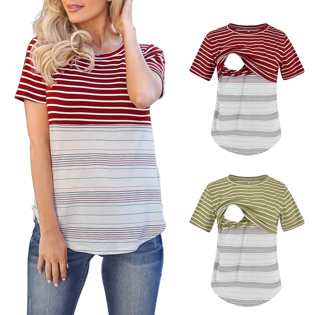 Женская одежда для беременных, топы для кормящих мам, Лоскутная полосатая футболка для грудного вскармливания, одежда для кормления, Embarazada