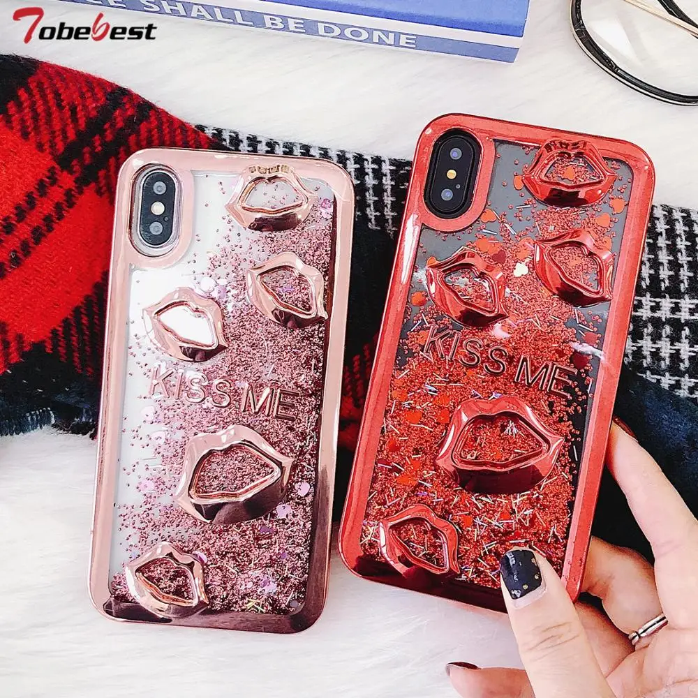 

3D Glitter Sexy lips Dynamic Liquid Quicksand Phone Case for iPhone XS Max XR X 8 7 6 6S Plus Case Cover for iPhone 8 Plus