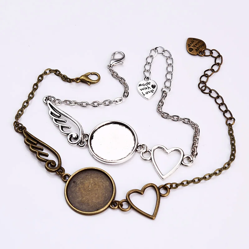 

Vintage Metal Zinc Alloy 20mm Round Bracelet Cabochon Setting Jewelry Blank Wings Hearts Bracelets 2pcs/lot BC5001