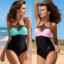 Сращивания Одна деталь купальник сексуальный кружевной плюс Размеры купальники Для женщин купальный костюм с пуш-ап розовый Летняя Пляжная сетка с лямкой на шее черный