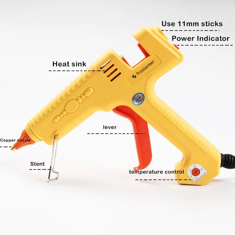 PROSTORMER клеевой пистолет с регулируемой температурой 300 Вт, горячий клеевой пистолет, быстро плавящиеся клеевые палочки 11 мм, медная насадка, мини инструмент для ремонта