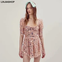 Для женщин Ace мини-платье с рукавами-фонариками и квадратным вырезом, лиф на подкладке, Двухслойное кружевное мини-платье с пайетками