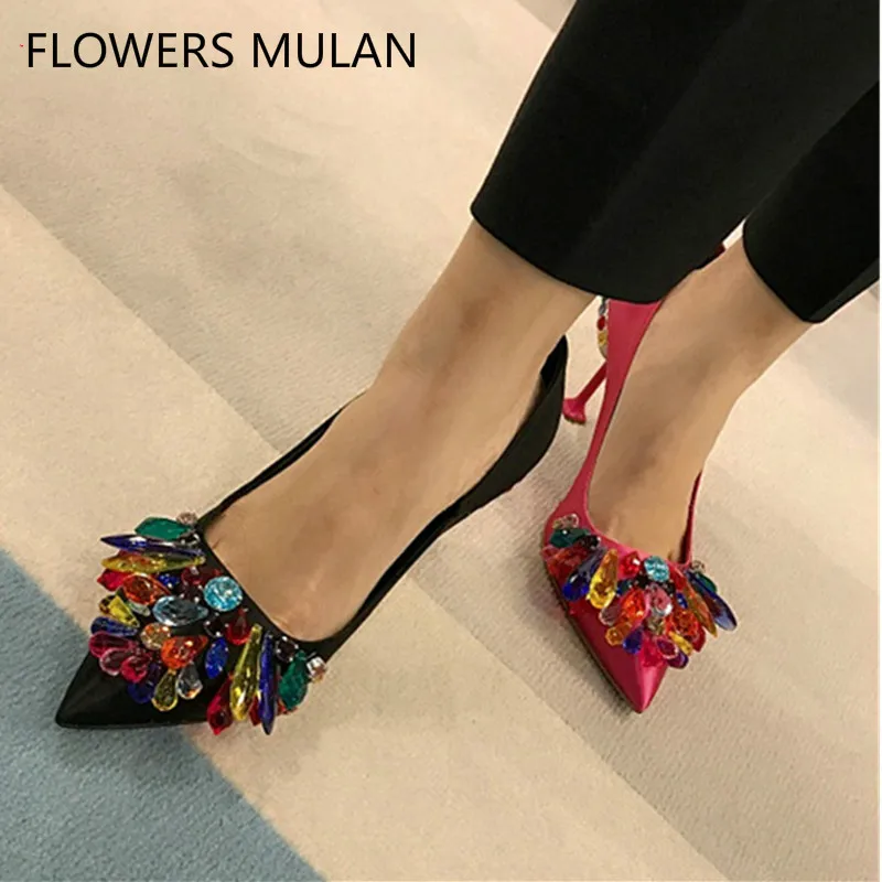 

Luxury Brand Handmade Women Pumps Fashion Silk Colorful Rhinestone Slip On Stiletto High Heels Shoes Runway Party Wedding Shoes