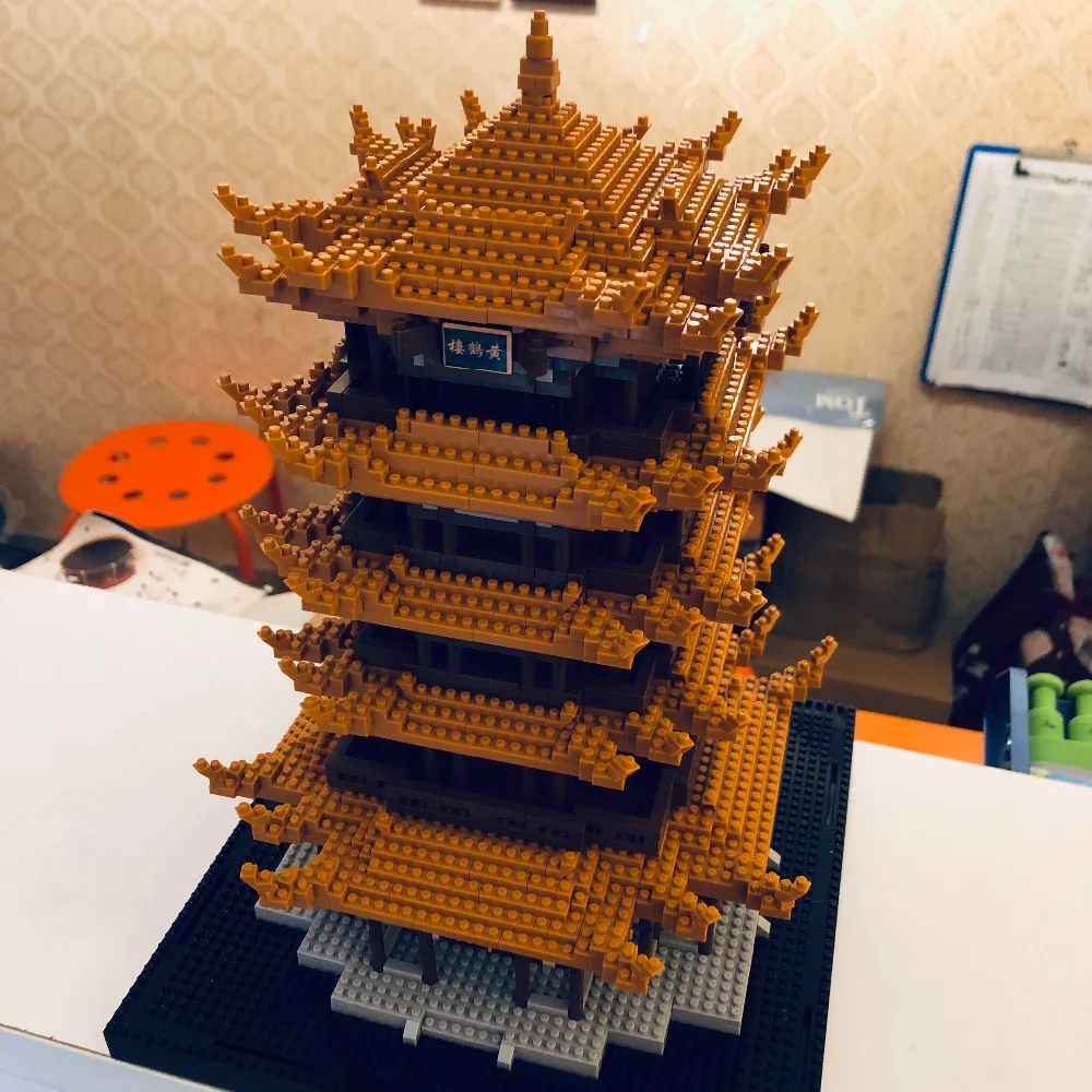 Китайская известная древняя архитектура желтая башня крана Китайская Модель "улица" Маленькие Кирпичи Строительные блоки Совместимые блоки игрушки