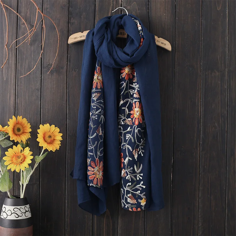 Мода 180x90 см вышивка женская народная-изготовленная на заказ Мужская Женская хлопковая льняная Ретро нация шаль клетчатые шарфы - Цвет: Темно-синий