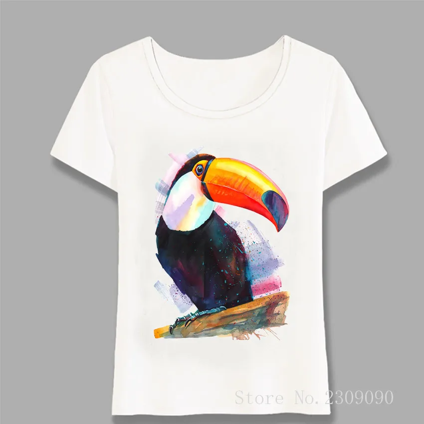 

A Very Bright Tropical Toucan Waiting Watercolor Print T-Shirt Summer Women t-shirt Casual Maiden Tops Cute Female Tee Harajuku