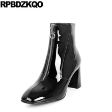 Зимние сапоги женщин бренда Настоящая кожа металл осень Квадратный носок короткая коренастый на каблуке обувь батильоны молния высокое качество лакированная черный женский женская мода китайский