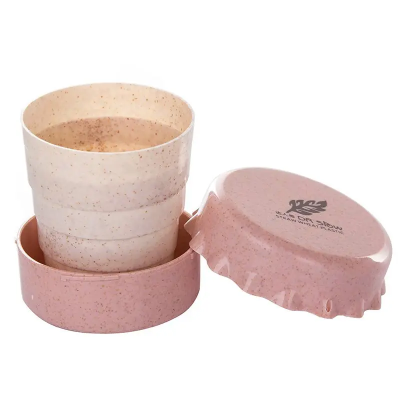 Newly Straw Wheat Plastic Portable Folding Cup With Lid Outdoor Travel
