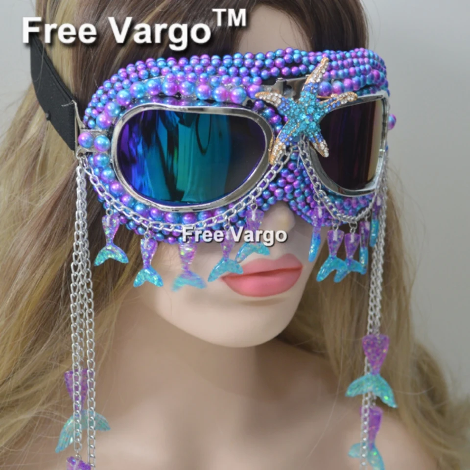 

Holographic Pearl Mermaid Rave Streampunk Burning Man Goggle Chain Spike Costume Cyber Goth Goggles Stage Dj Mask For Women