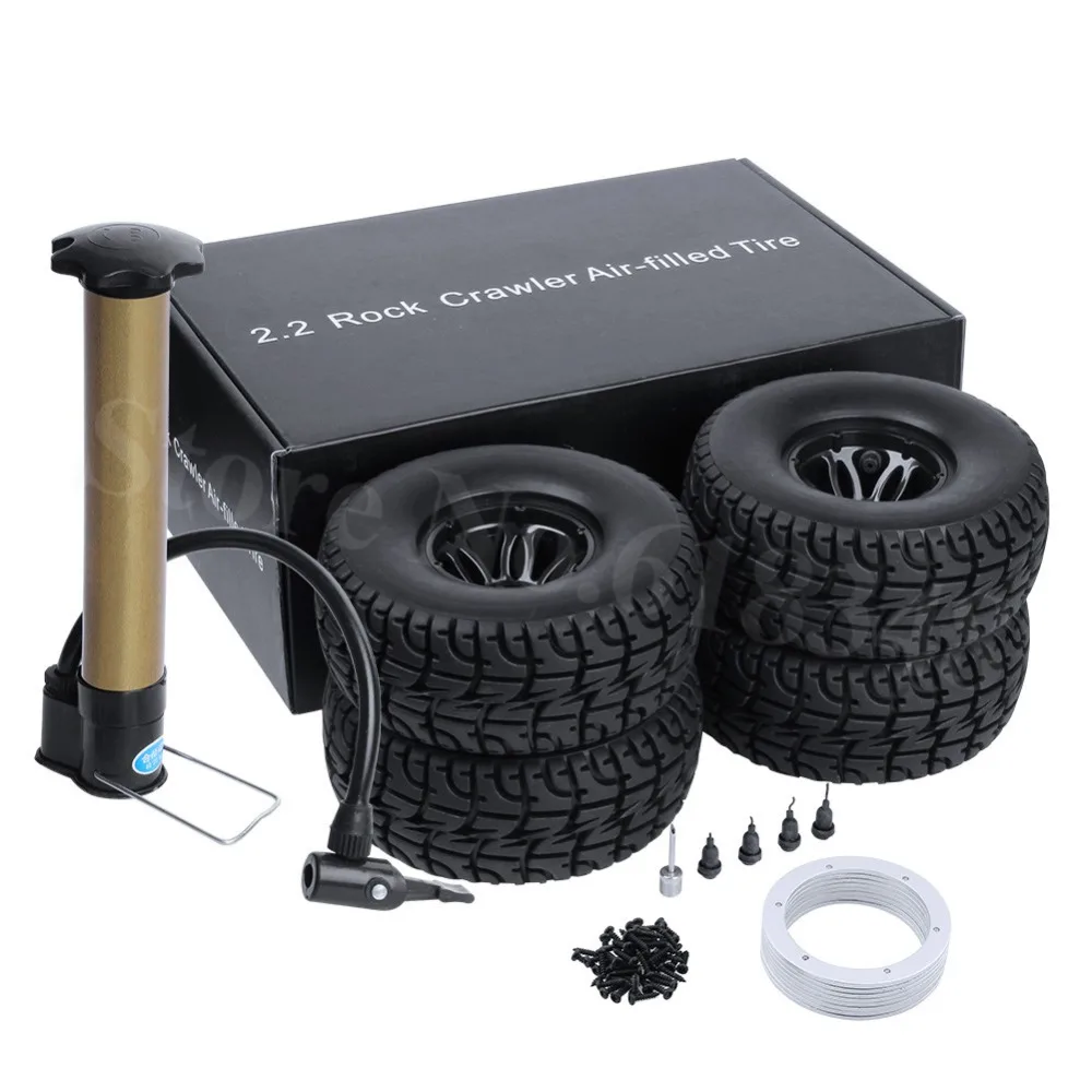 

4PCS 2.2" Air Inflated Beadlock Wheel Rims & Tires OD:130mm with Inflator Pump for 1/10 Scale RC Rock Crawler Monster Truck