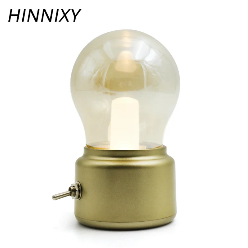 

Hinnixy Retro Bulb Night Light LED 5V USB Rechargeable Battery Desk Table Lights Portable Vintage Golden Black Base Bedside Lamp