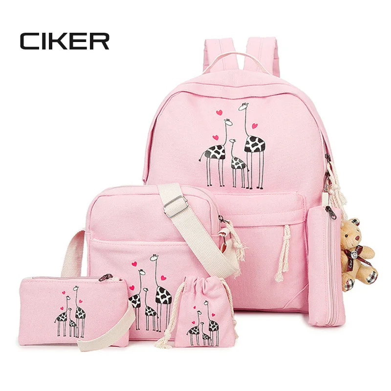 CIKER 6pcs/set Giraffe Printing Backpacks Canvas School Bags For Teenagers Girls Cute Travel Bag Lady Bookbag Rucksack Mochilas bookbags-for-girls