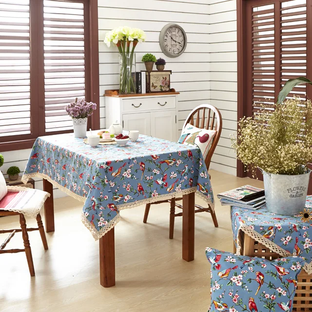 Buy Modern Bird Printed Blue Crochet Lace Edge Table