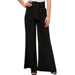KLV/# ZG4 модная новинка 2019 Бесплатная доставка женские с бантом на талии карман сплошной свободные штаны широкие штаны расклешанные брюки