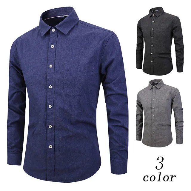 2019 100%Cotton Wool Men Shirts Long Sleeve Solid Male Dress Shirt ...