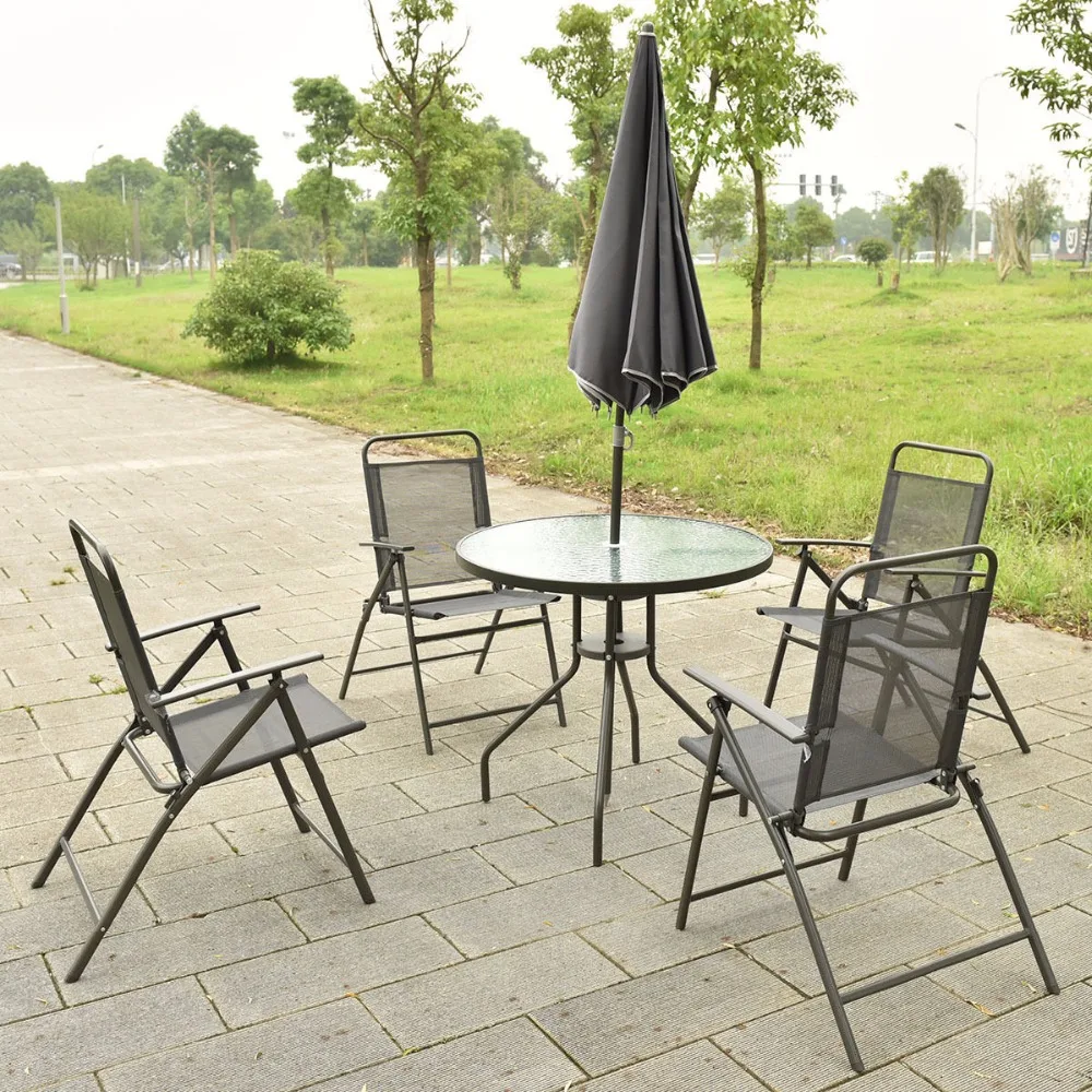 6 PCS Patio Garden Set Furniture 4 Folding Chairs Table with Umbrella Gray New HW52116