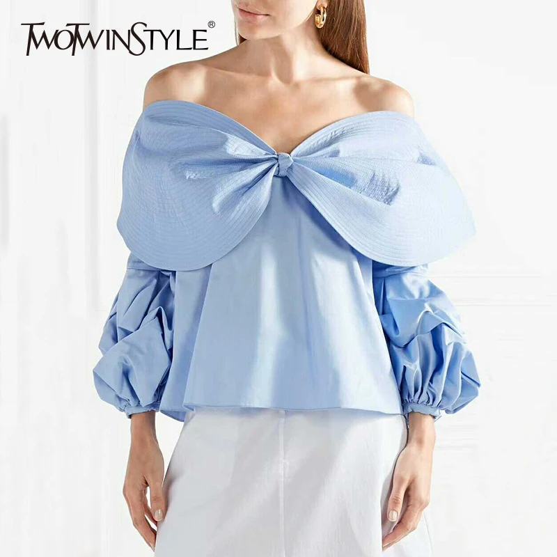  TWOTWINSTYLE Bandeau Bow Shirt For Women Backless Split Lantern Sleeve Short Blouse Autumn Female F