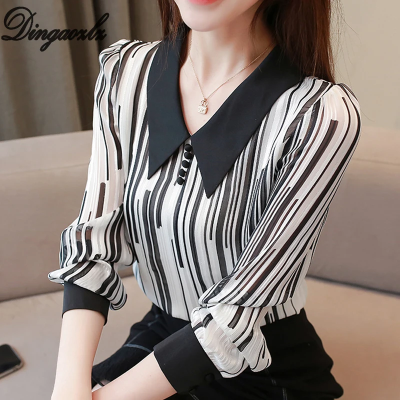 

Dingaozlz Spring New Fashion OL Tops Casual Striped Long Sleeve Chiffon Blouse blusas mujer 2019 Women clothing