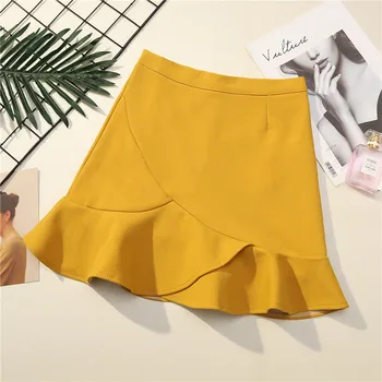 

Women Summer Stretchy High Waist Short Fishtail Cotton Skirt Pencil Skirt Ruffled Ladies OL A-line Anti-light Skirts