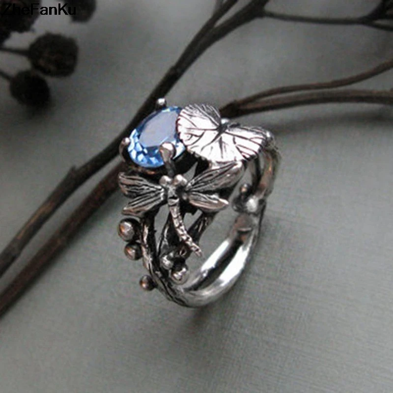 

Dragonfly Leaf Ring Unique Silver Color Women Ring with Blue AAA Zircon Jewelry Size 6-10 Free Shipping