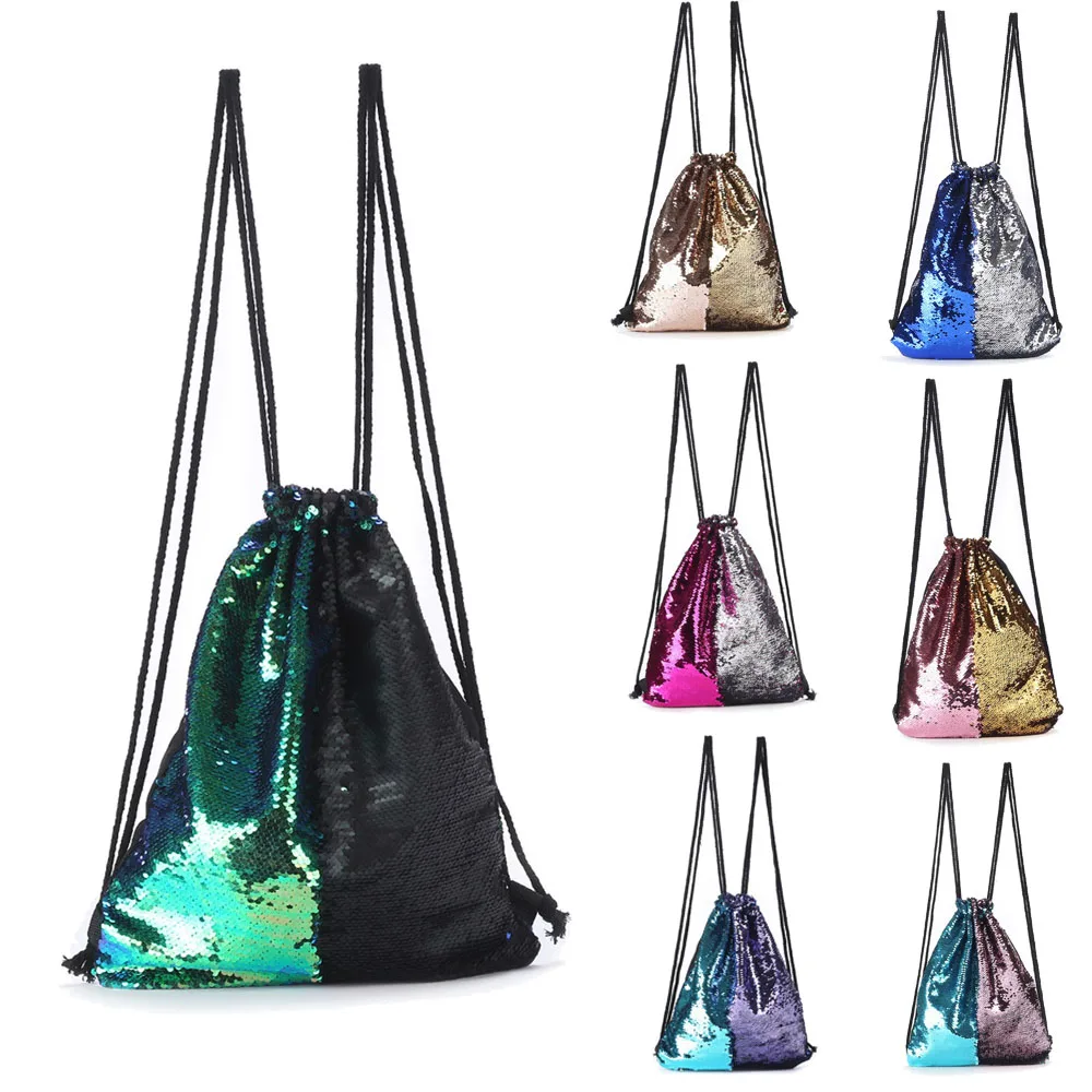 Drawstring Bag Strap Panelled Double Color Sequins Women Men Shoulder