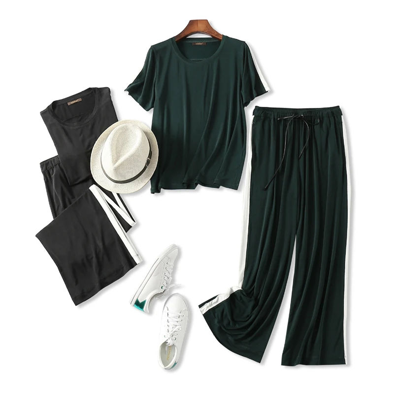 

Suits Women Set 90% Cupra Knitted Tee+ Pants Patchwork Short Sleeves Top Wide Leg Ankle-length Pants 2 Colors New Fashion 2018