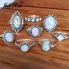 JUNXIN 8pcs/set Boho Female Midi Ring Sets Antique Silver Color Metal Marquise Teardrop Oval Round Rainbow Fire Opal Ring Women ► Photo 1/6