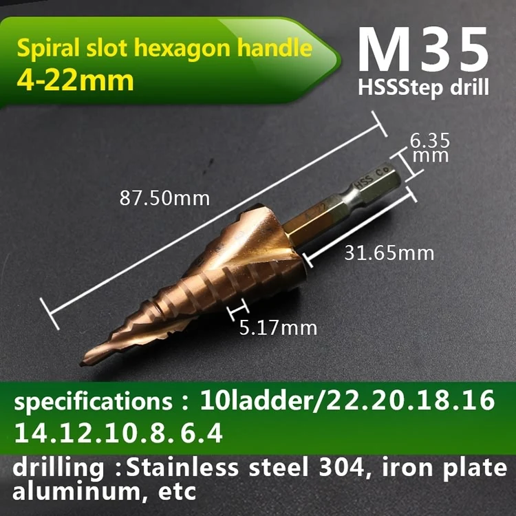 JIGONG HSS-CO M35 шестигранный хвостовик спиральный паз Шаг сверло металлический конус Шаг сверло из нержавеющей стали Отверстие пила отверстие резак - Цвет: Bronze 4 22mm 1pc