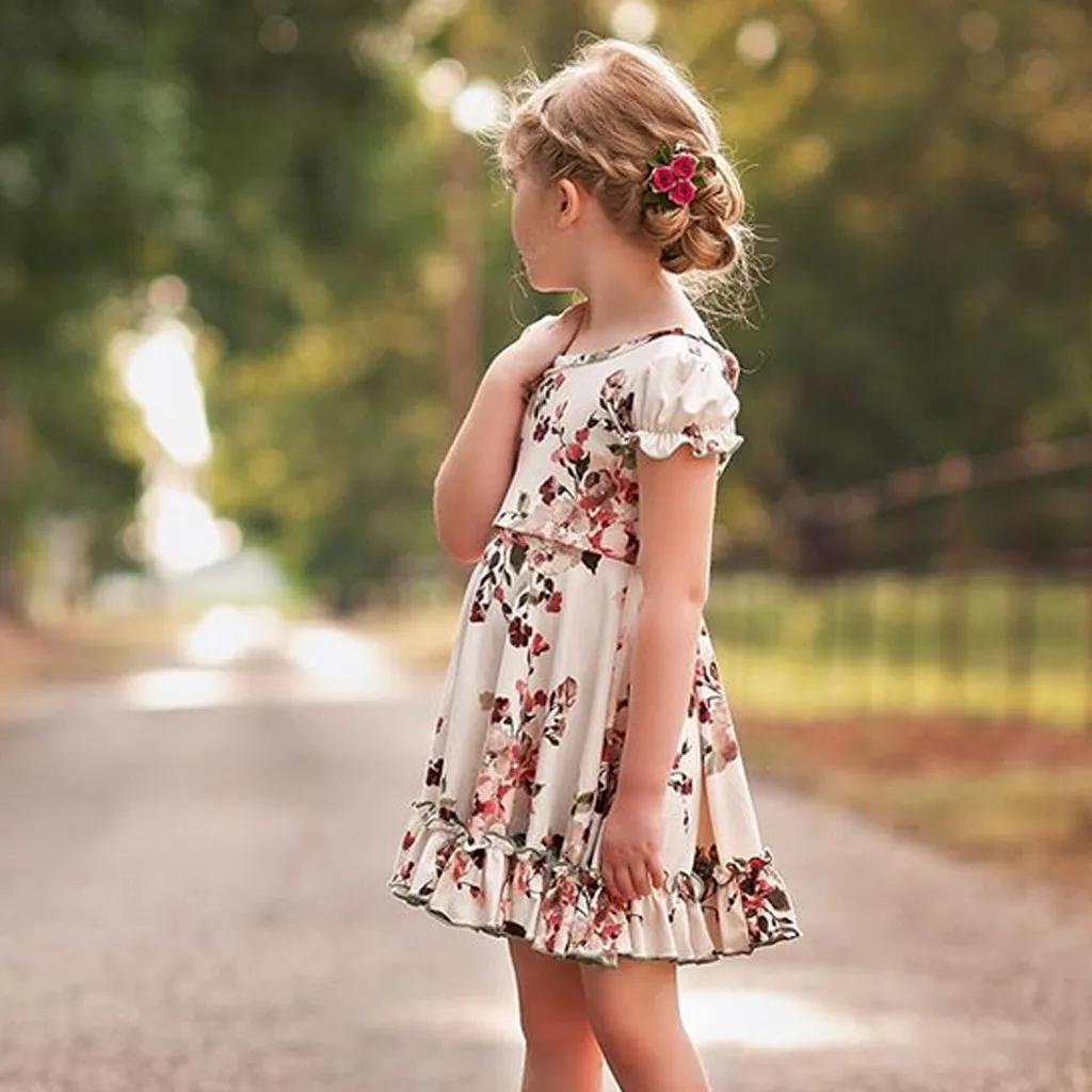 Летние праздничные платья принцессы для маленьких девочек, платья принцессы с рюшами и цветочным принтом для маленьких девочек, одежда