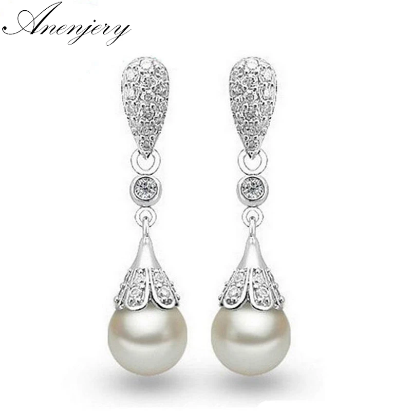 

Anenjery 925 Sterling Silver Earrings Mosaic Zircon Pearl Water Drop Tassel Earrings For Women oorbellen brincos S-E393