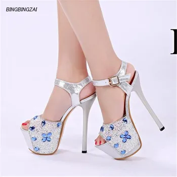 

ladies shoes 16CM Thin Heels Platform Rhinestone sandals Rhinestone Casual Party Platform Pumps Peep Toe Buckle Shoes 34-40