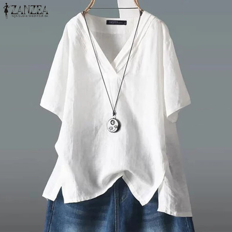

ZANZEA Women Vintage Cotton Linen Blouse Summer Short Sleeve Shirt Robe Femme V Neck Tunic Tops Casual Solid Blusas Femininas