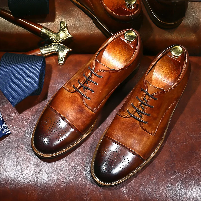 

Newest luxury Italian carved cowhide leather oxfords men's top quality Bullock shoes Derby shoes round toe brown wedding shoes