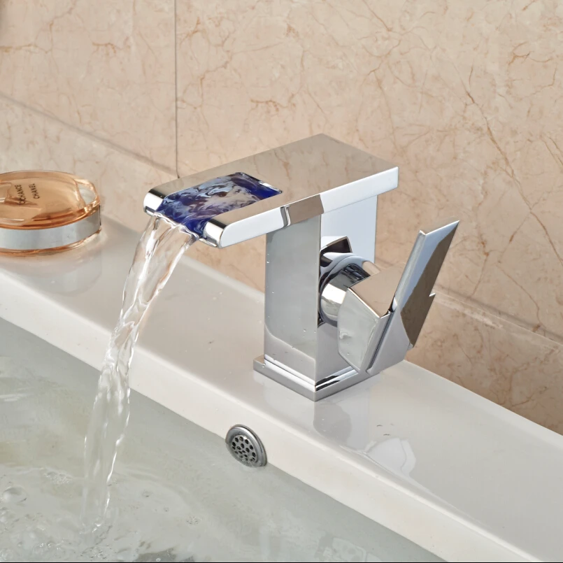 LED Light Waterfall Basin Sink Faucet Deck Mount Single Handle Mixer Taps Chrome Finish Square Shape