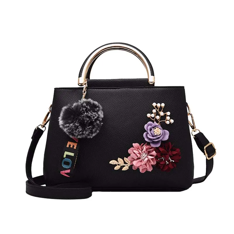 Women Flower Leather Handbag Holiday Female Pompom Clutch Bags Lady Travel Casual Shoulder Bag Exquisite Crossbody SS7001 (23)