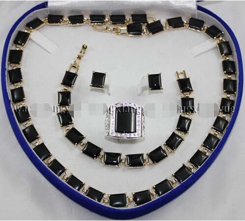

D5U7 ED4 shipping Black Rich Agate Link Bracelet/ Earrings /Ring / Necklace Jewelry Set